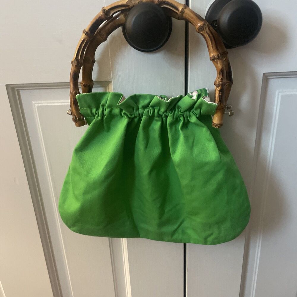 Vintage 70s Green Bamboo Handle Bag Strawberry Floral Lining Cottagecore Retro